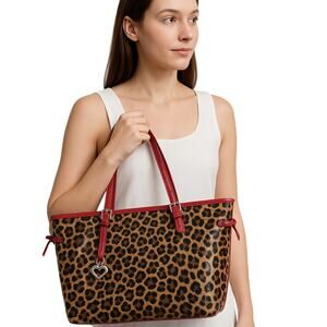 Brighton Leopard Print Tote – Red Croc Trim Shoulder Bag with Heart Charm